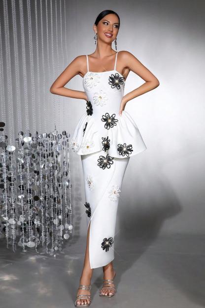Bandage 3D Flower Rhinestone Midi Dress