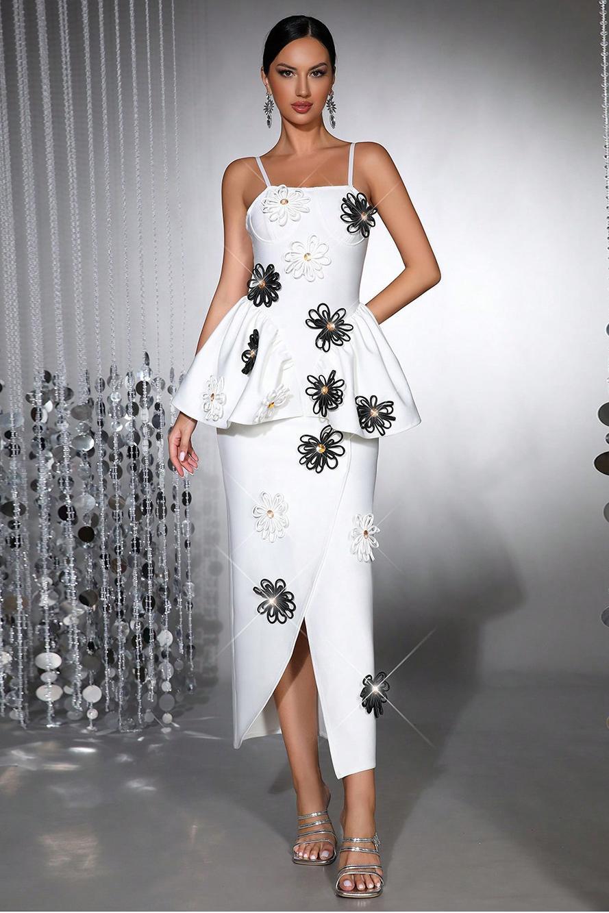 Bandage 3D Flower Rhinestone Midi Dress