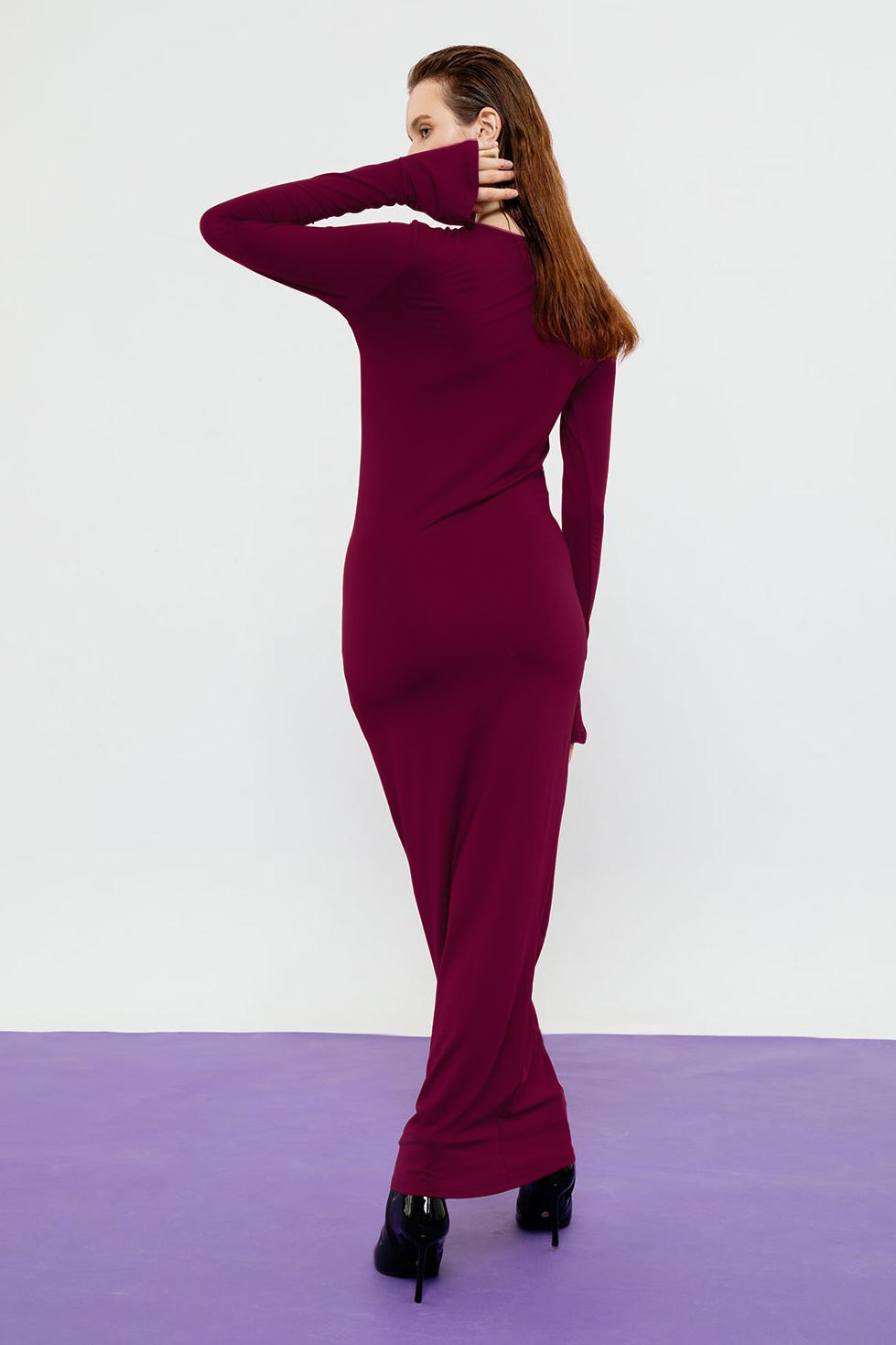 Solid Long Sleeve Gathering Maxi Dress