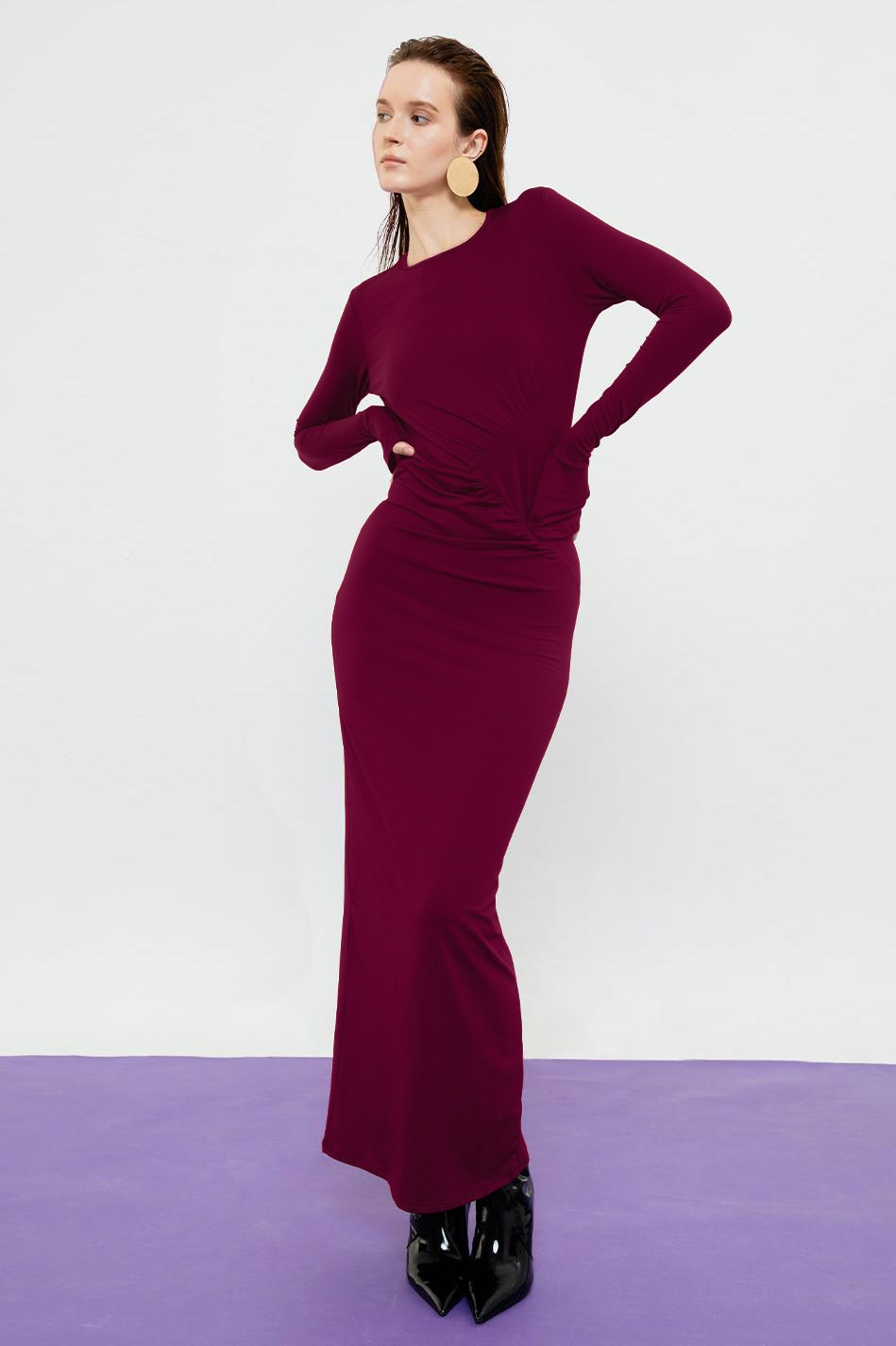 Solid Long Sleeve Gathering Maxi Dress