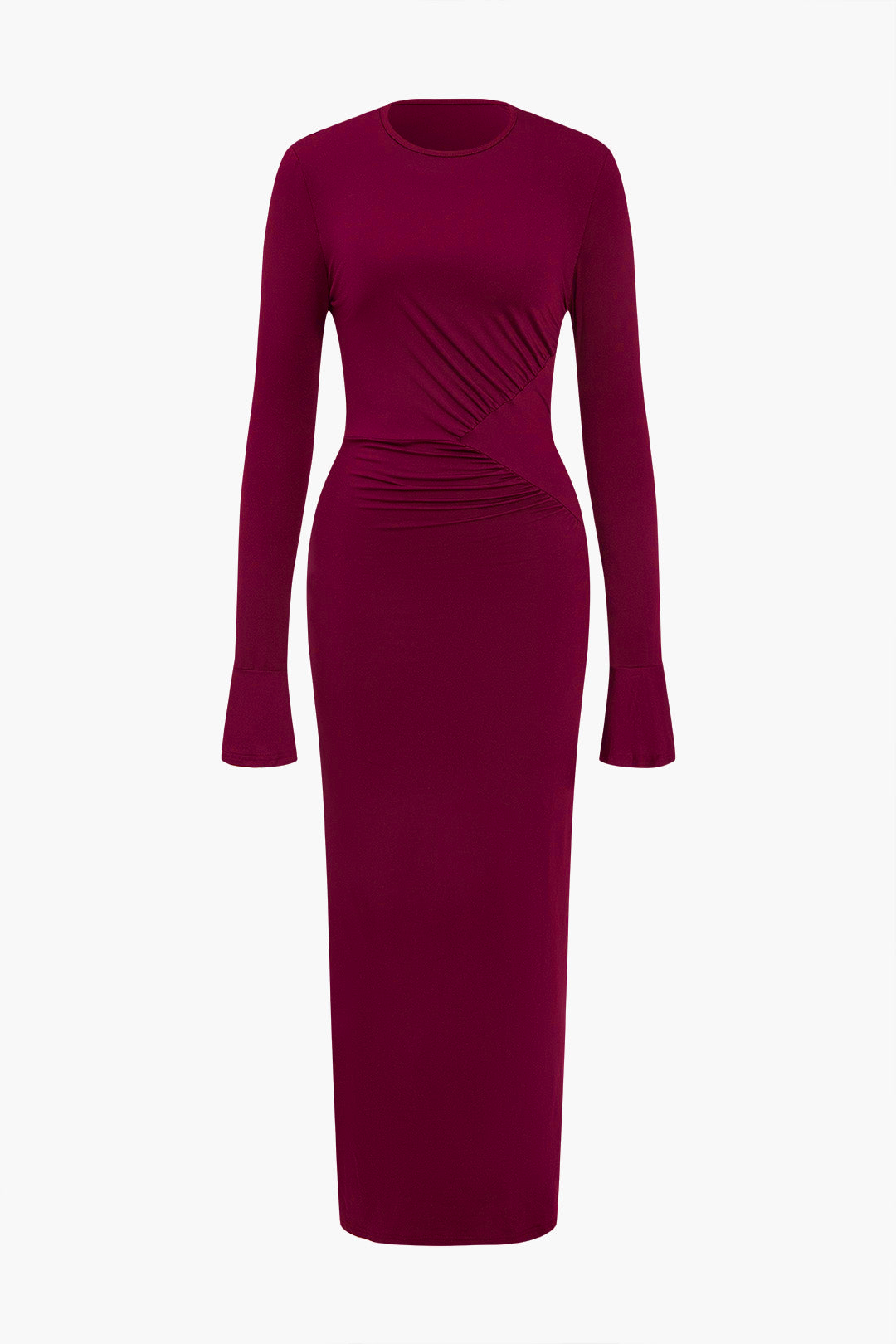 Solid Long Sleeve Gathering Maxi Dress