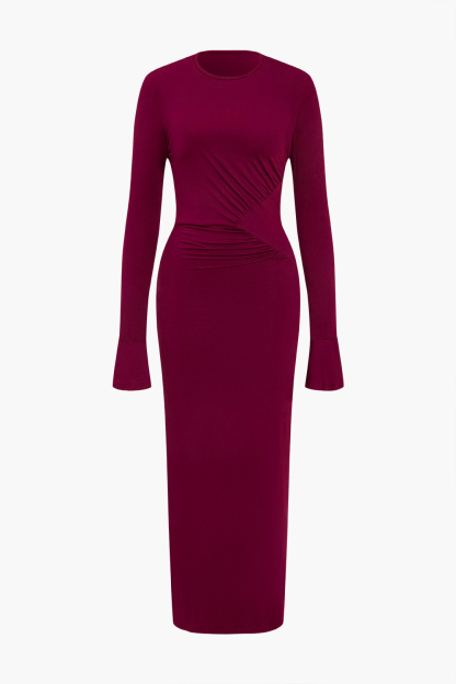 Solid Long Sleeve Gathering Maxi Dress