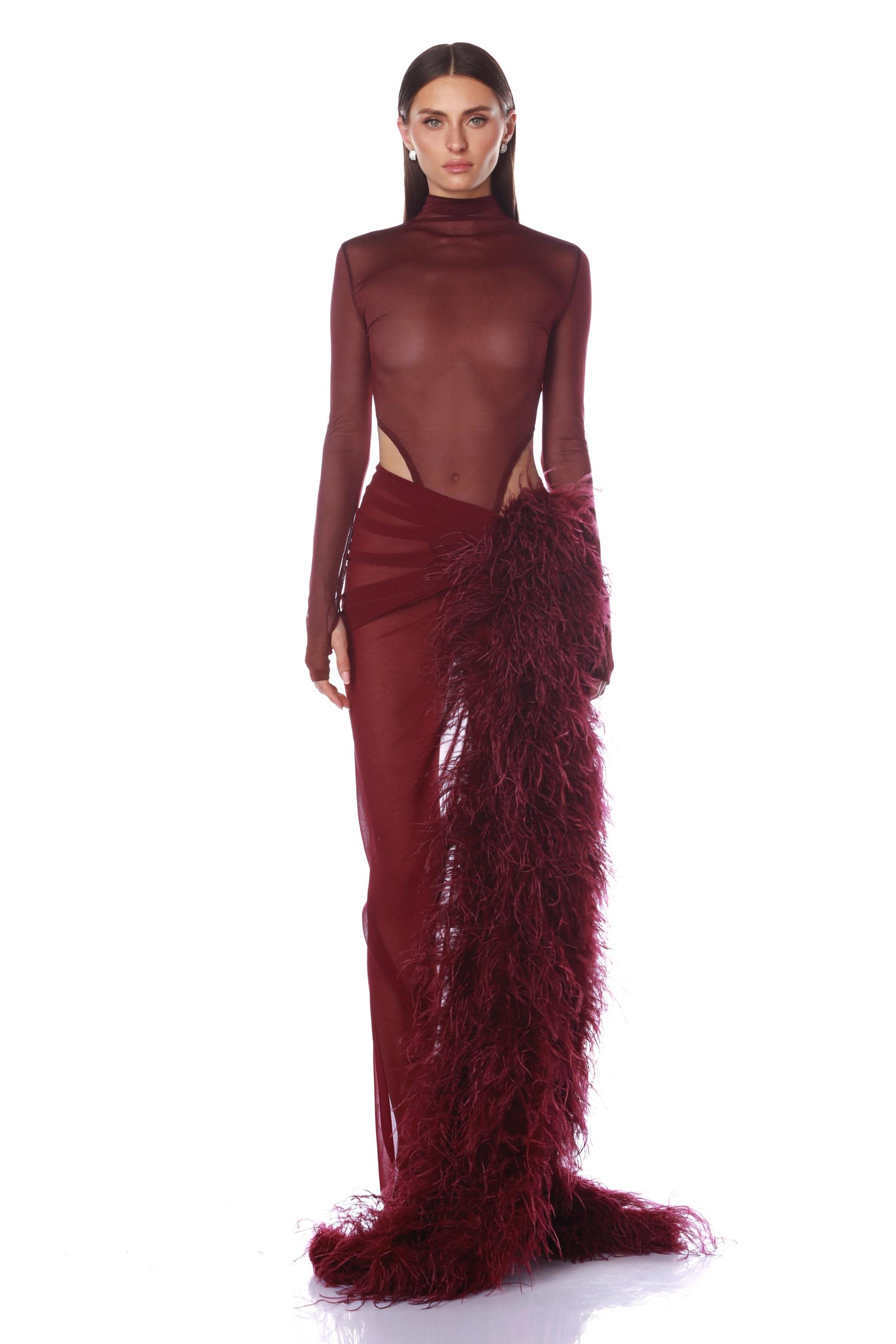 Mesh Long Sleeve Bodysuit & Feather Slit Maxi Skirt Set