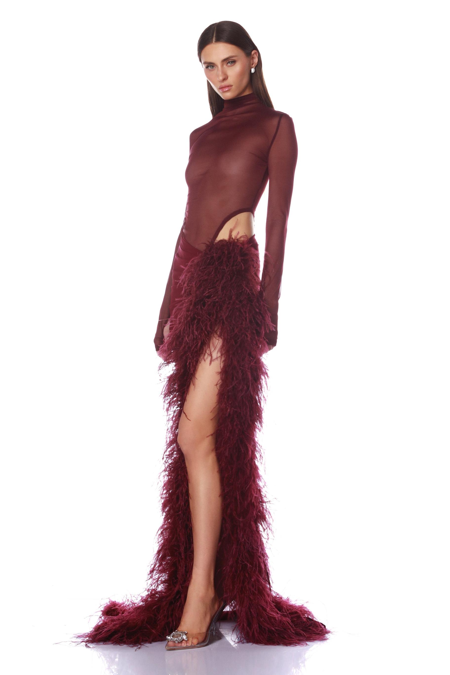 Mesh Long Sleeve Bodysuit & Feather Slit Maxi Skirt Set
