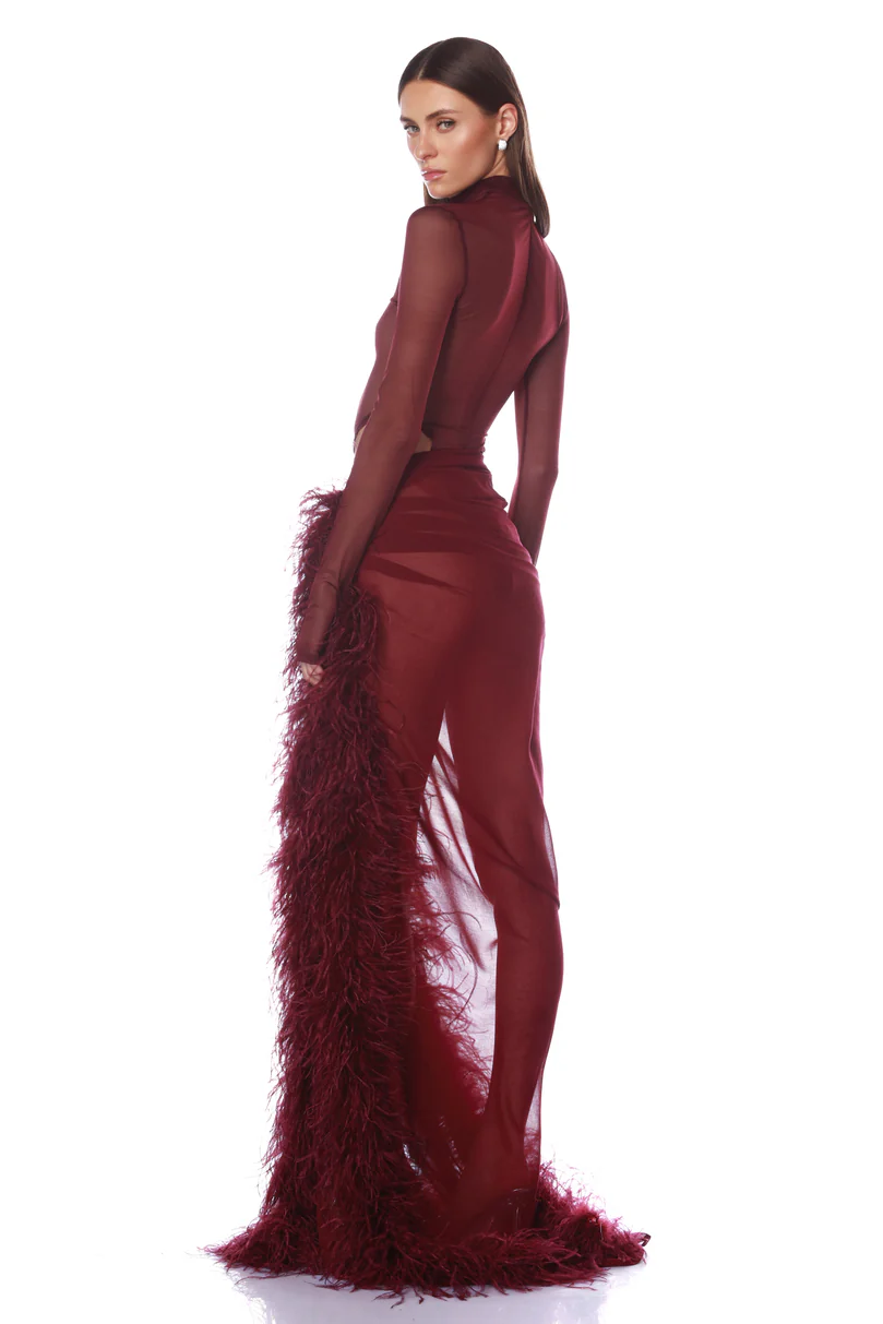 Mesh Long Sleeve Bodysuit & Feather Slit Maxi Skirt Set