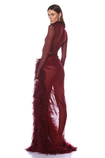 Mesh Long Sleeve Bodysuit & Feather Slit Maxi Skirt Set