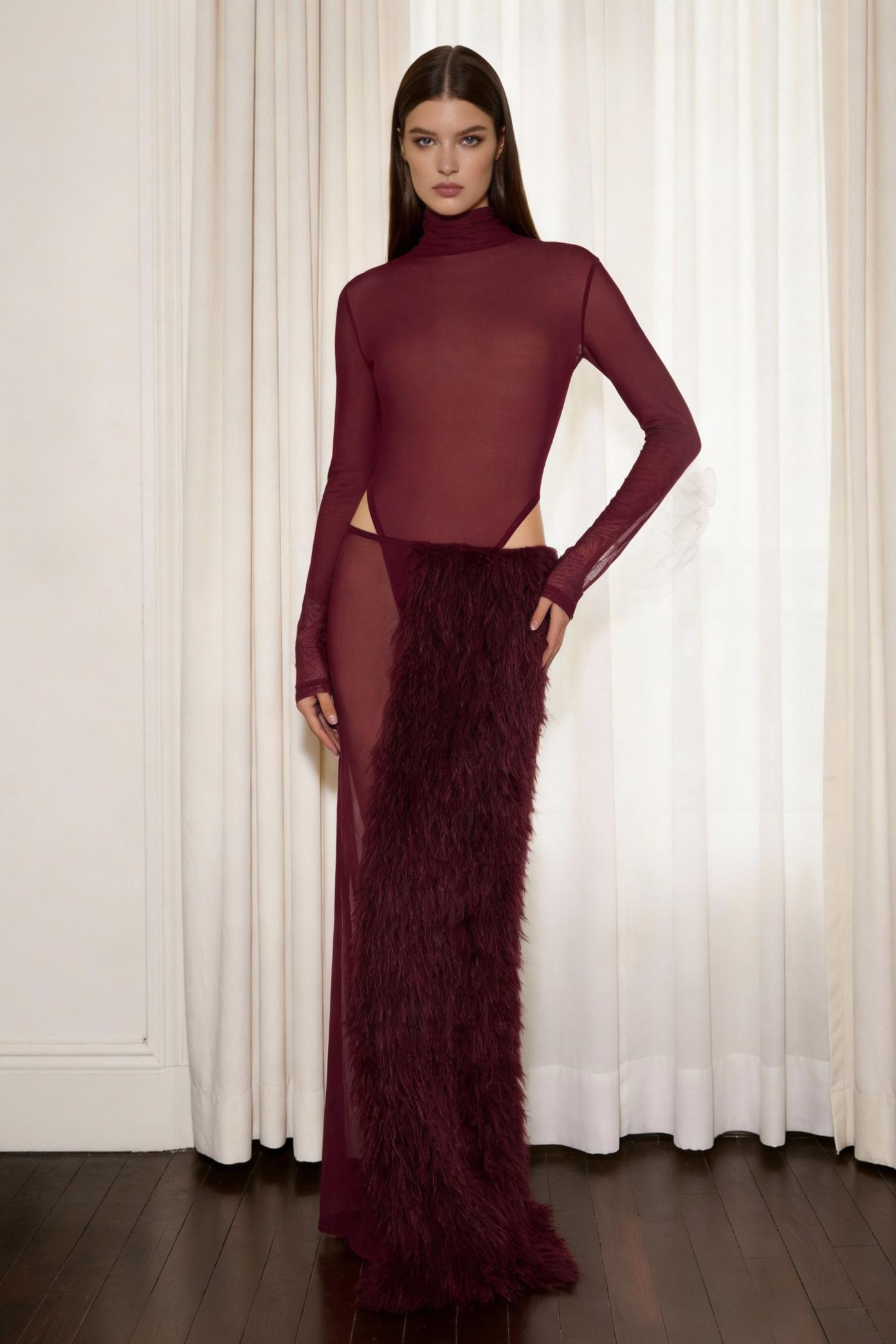 Mesh Long Sleeve Bodysuit & Feather Slit Maxi Skirt Set