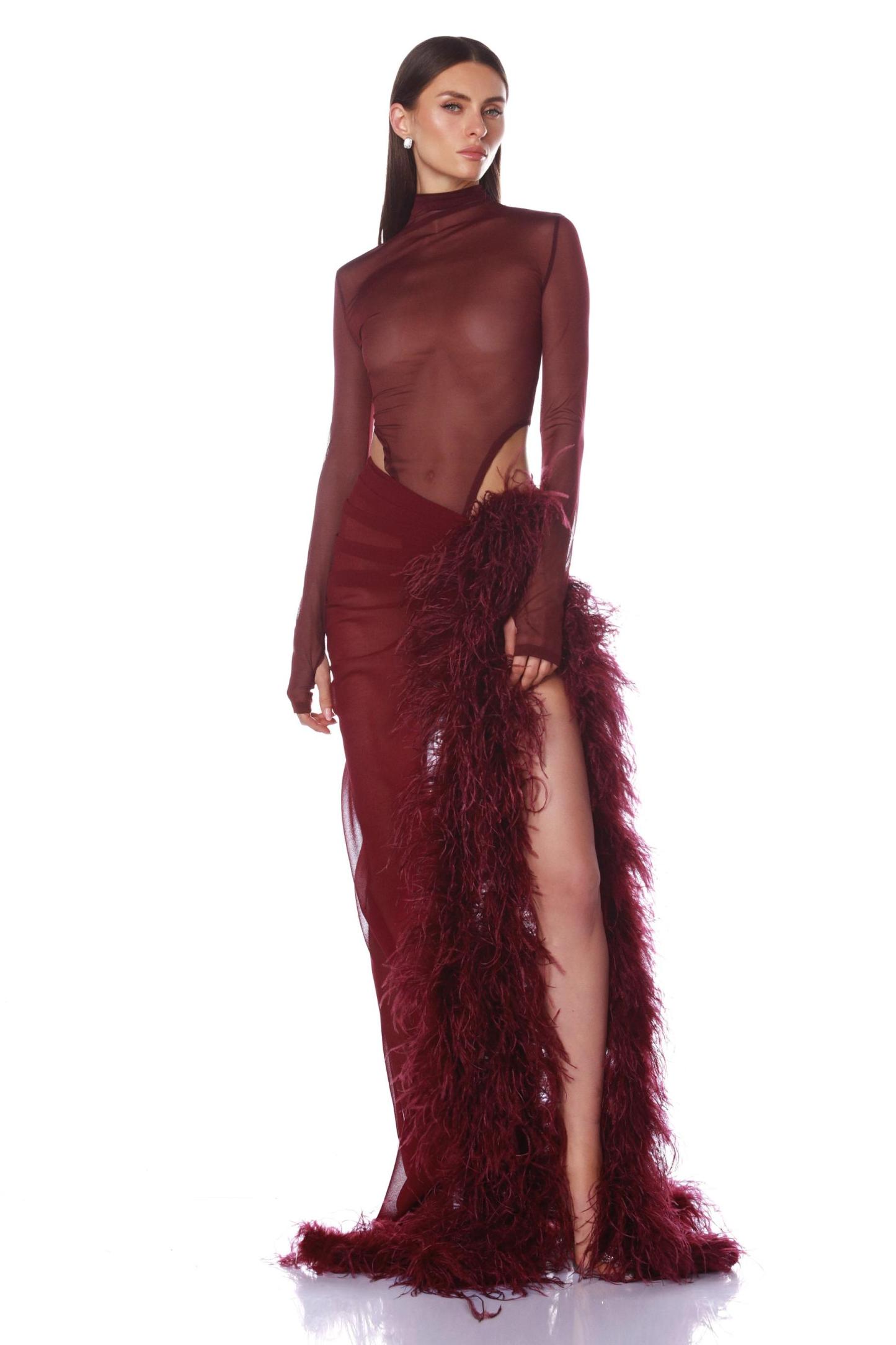 Mesh Long Sleeve Bodysuit & Feather Slit Maxi Skirt Set