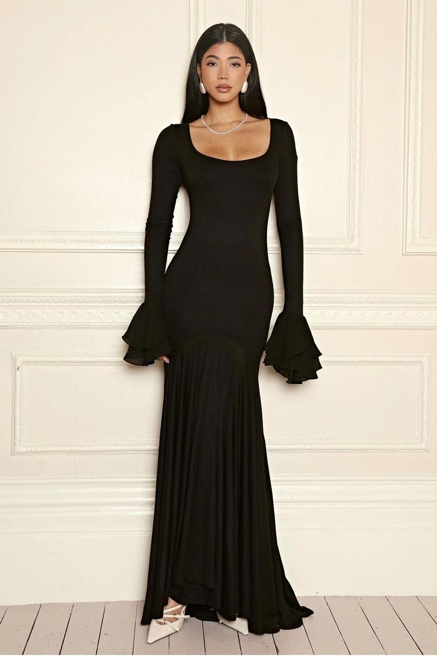 Chiffon Long Sleeve Ruffle Maxi Dress