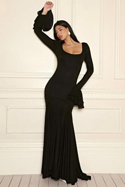 Chiffon Long Sleeve Ruffle Maxi Dress