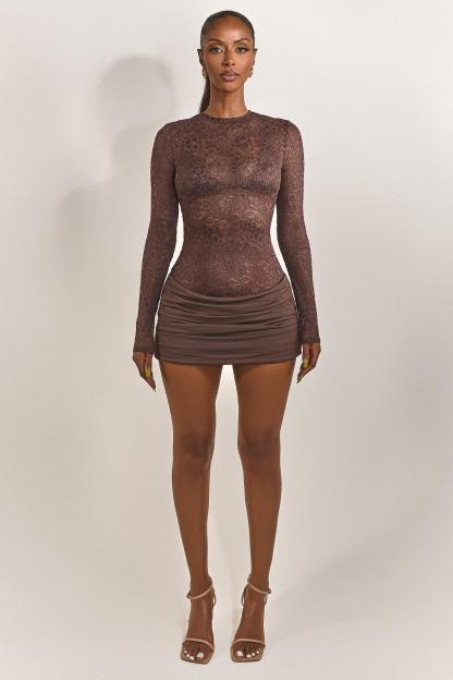 Lace Long Sleeve Ruched Mini Dress