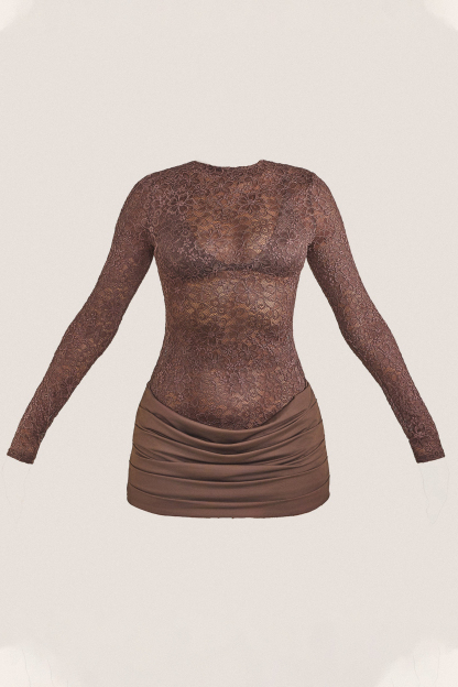 Lace Long Sleeve Ruched Mini Dress