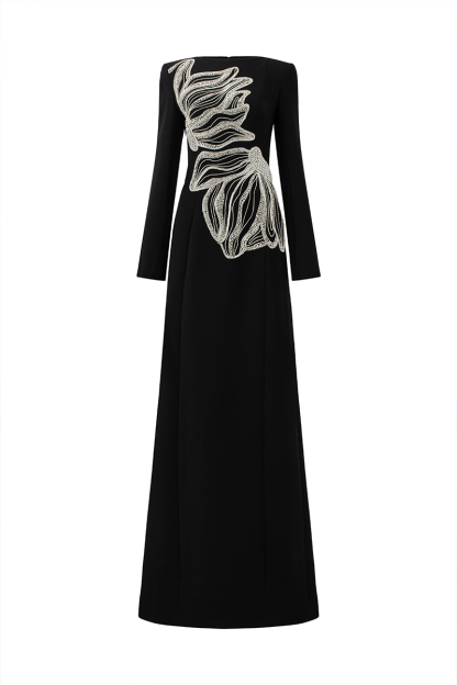 Bandage Rhinestone Long Sleeve Maxi Dress