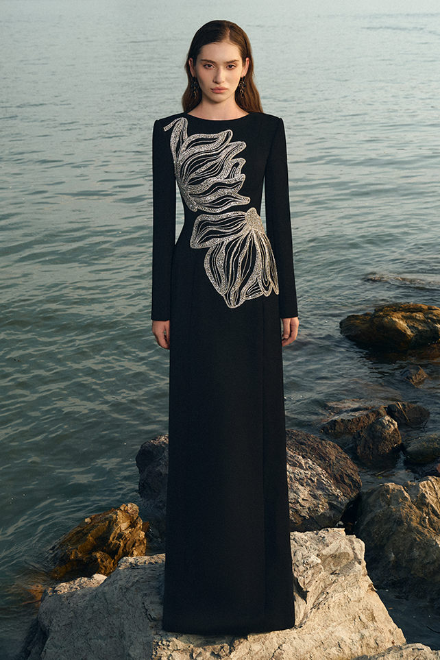 Bandage Rhinestone Long Sleeve Maxi Dress