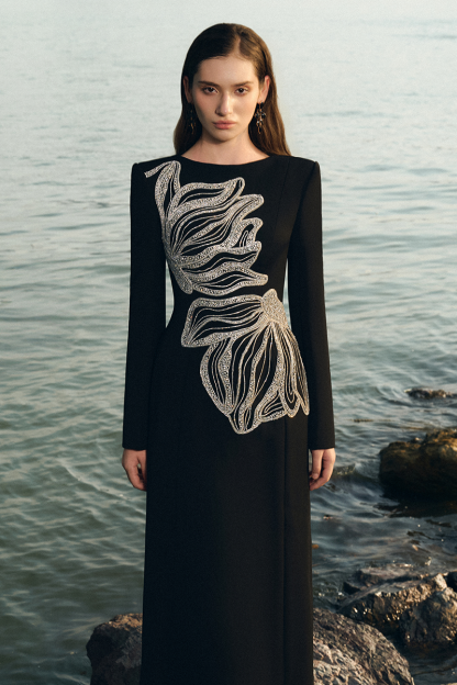 Bandage Rhinestone Long Sleeve Maxi Dress