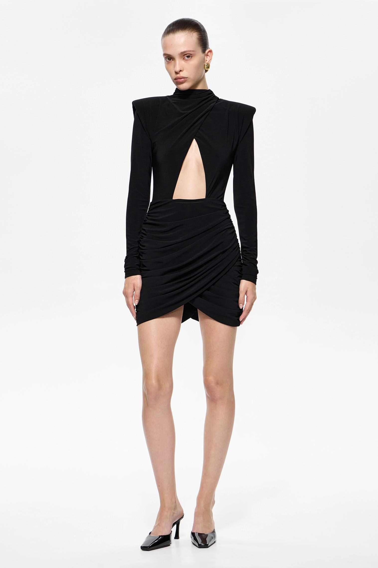 Long Sleeve Ruched Cut-Out Mini Dress