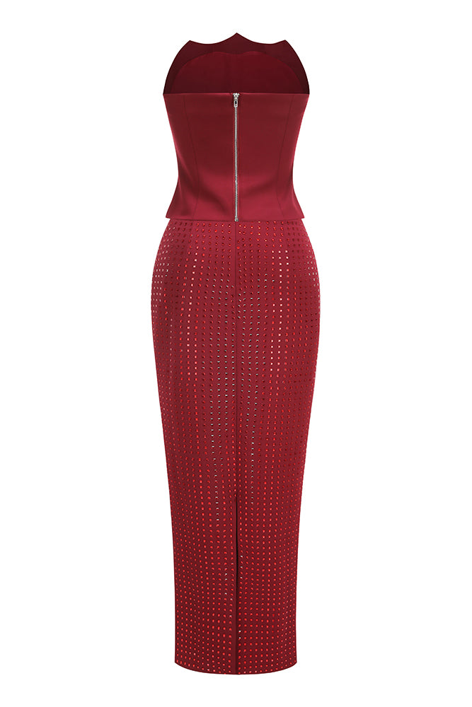 Off-Shoulder Sleeveless Top & Rhinestone Mid Waist Maxi Skirt Set