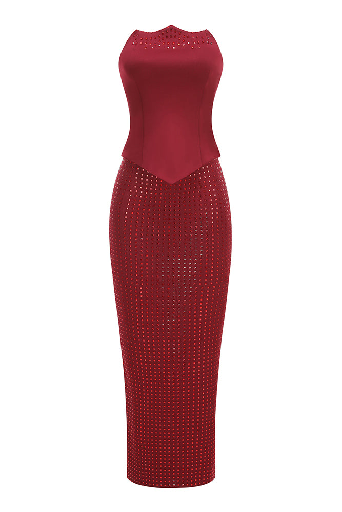 Off-Shoulder Sleeveless Top & Rhinestone Mid Waist Maxi Skirt Set