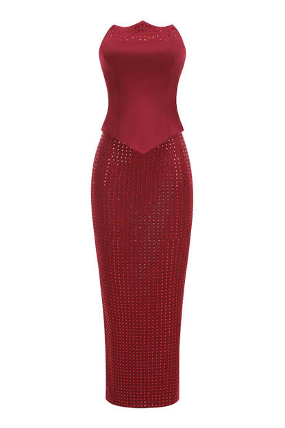 Off-Shoulder Sleeveless Top & Rhinestone Mid Waist Maxi Skirt Set