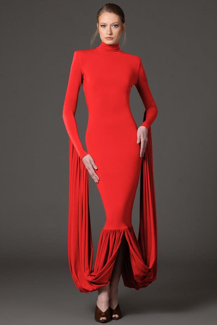 Solid Gathering Long Sleeve Maxi Dress