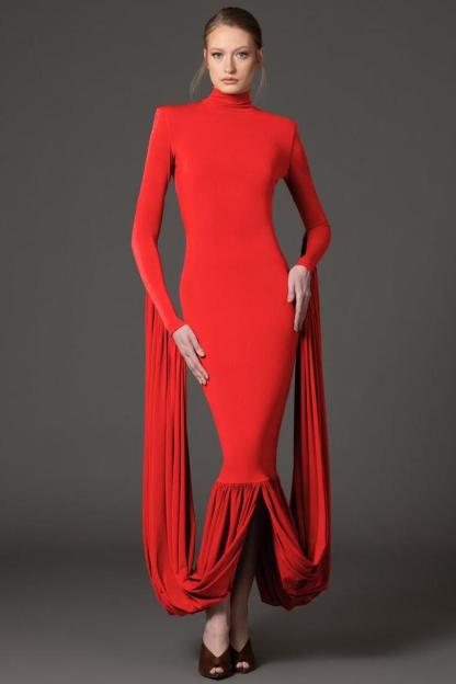 Solid Gathering Long Sleeve Maxi Dress