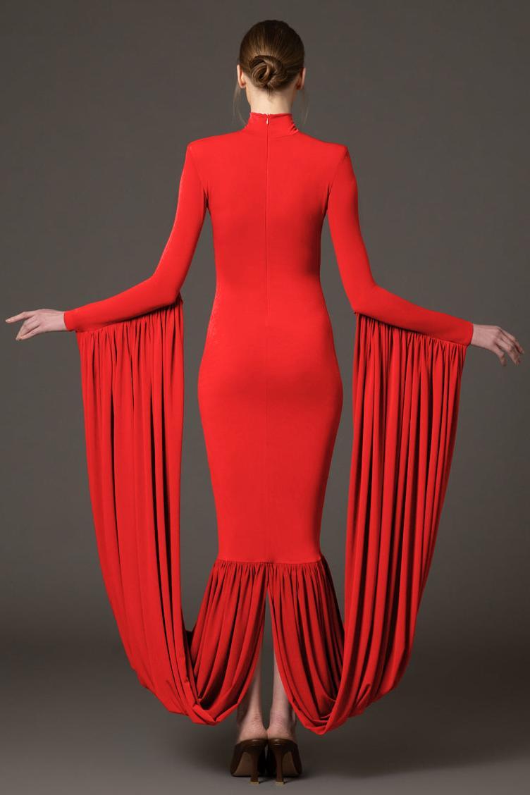 Solid Gathering Long Sleeve Maxi Dress