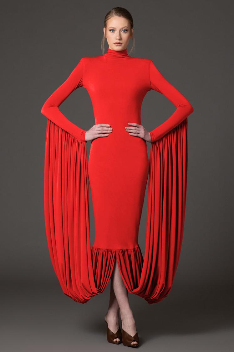 Solid Gathering Long Sleeve Maxi Dress