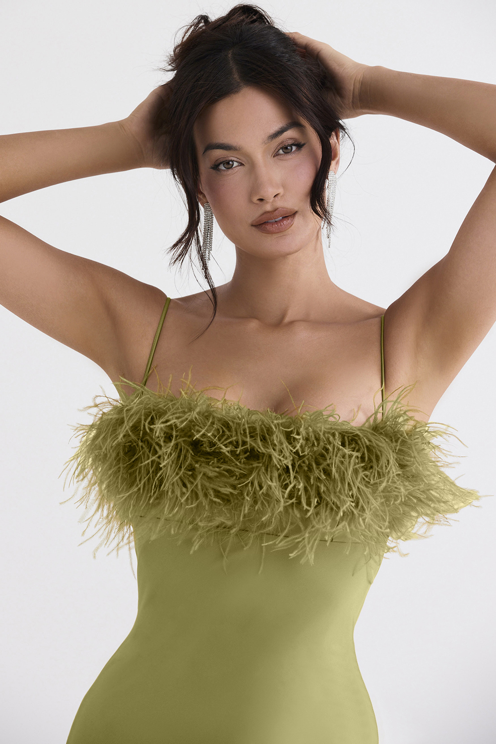 Satin Slip Ostrich Feather Maxi Dress