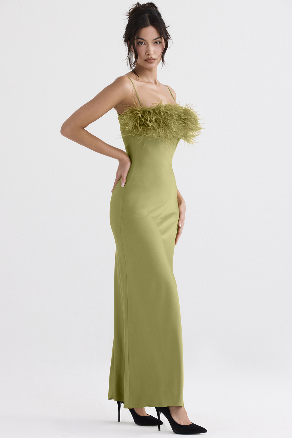 Satin Slip Ostrich Feather Maxi Dress