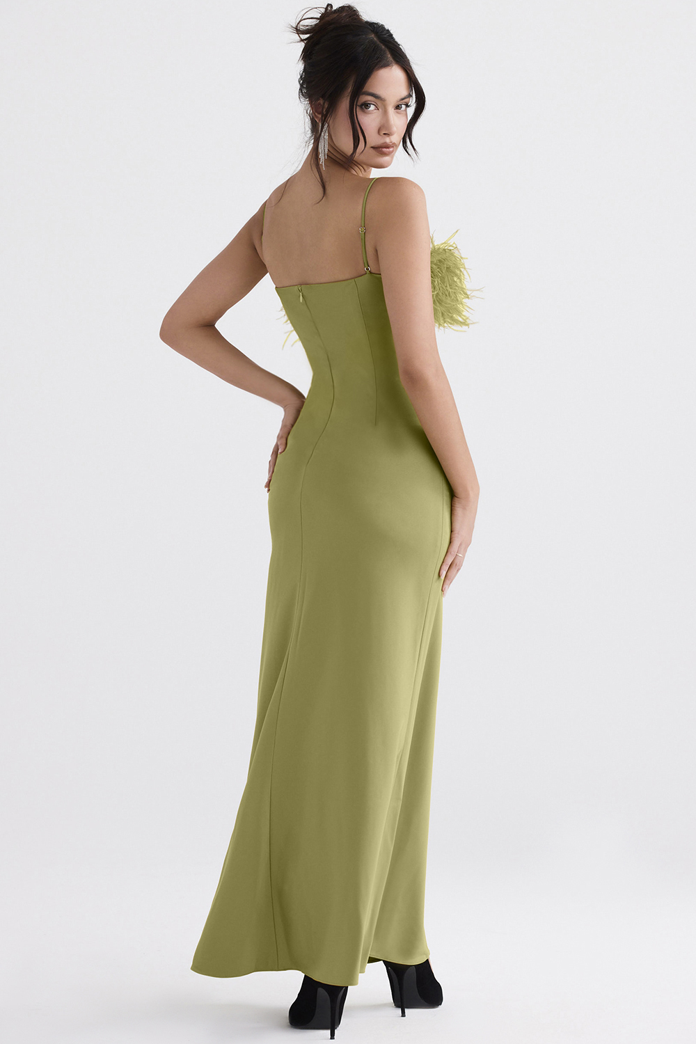 Satin Slip Ostrich Feather Maxi Dress