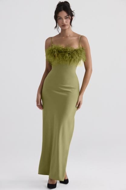 Satin Slip Ostrich Feather Maxi Dress