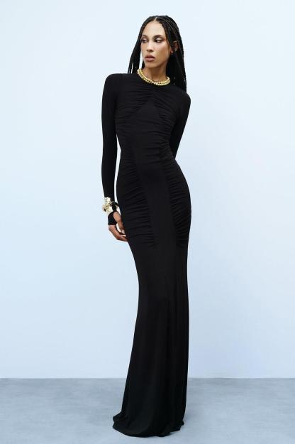 Round Neck Ruched Long Sleeve Maxi Dress
