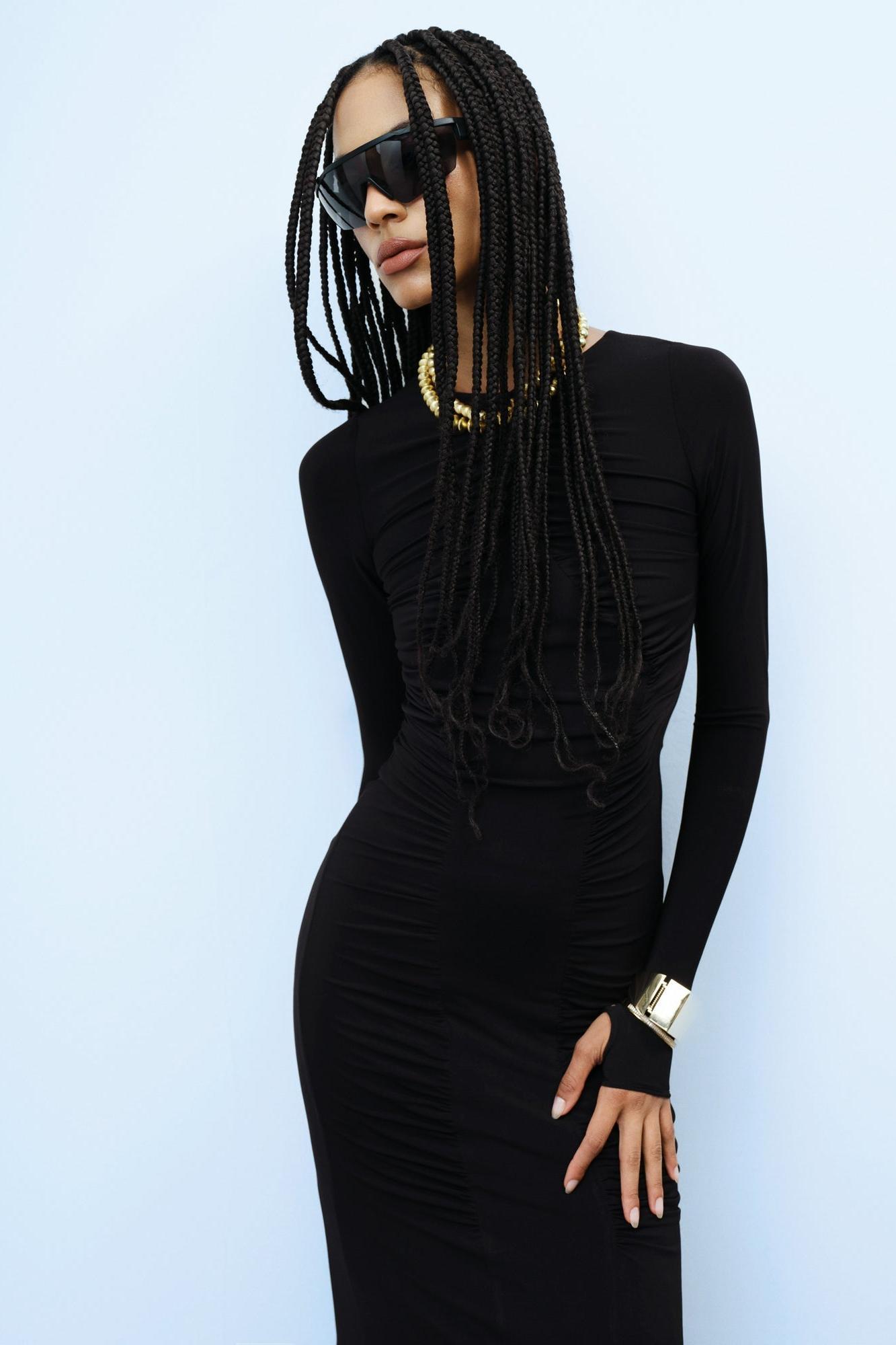 Round Neck Ruched Long Sleeve Maxi Dress