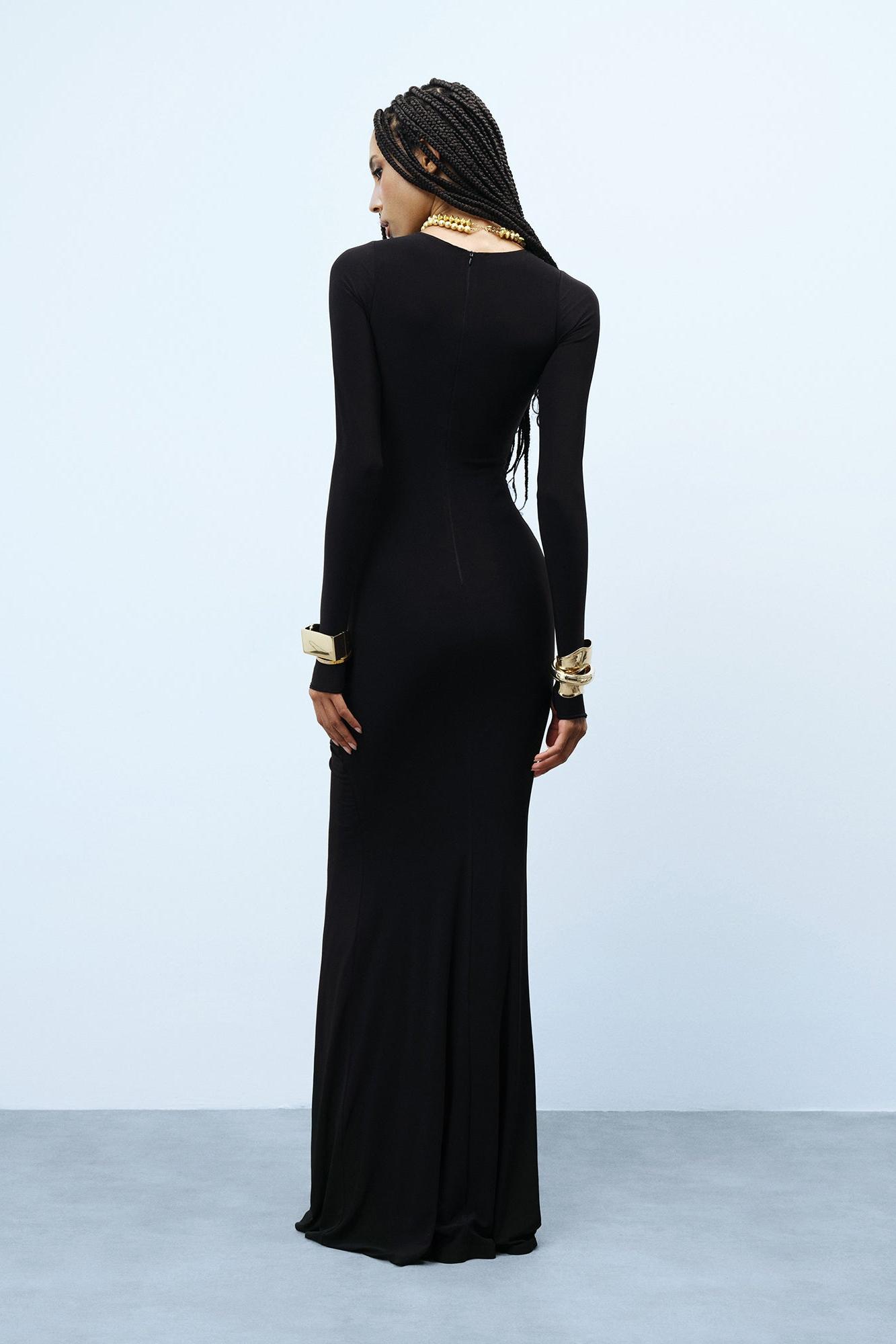 Round Neck Ruched Long Sleeve Maxi Dress