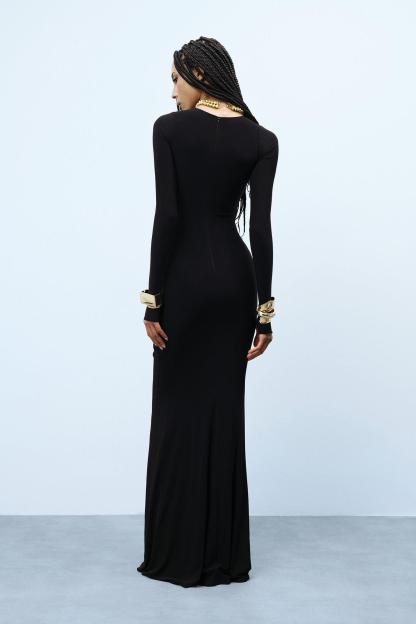 Round Neck Ruched Long Sleeve Maxi Dress