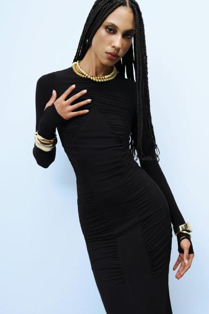 Round Neck Ruched Long Sleeve Maxi Dress