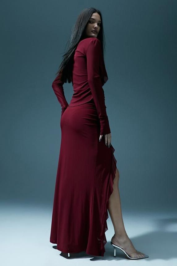 Solid Mesh Long Sleeve Top & Slit Frill Maxi Skirt Set