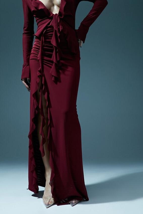 Solid Mesh Long Sleeve Top & Slit Frill Maxi Skirt Set