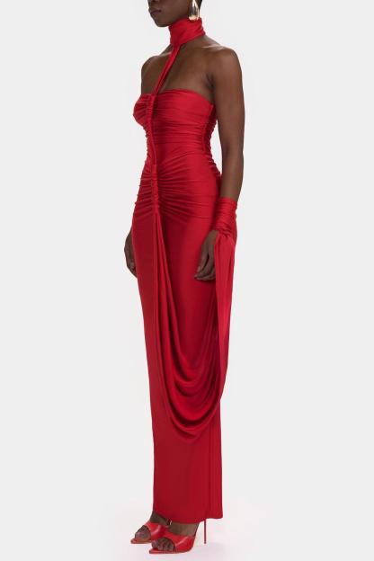 Solid Halter Neck Gathering Maxi Dress