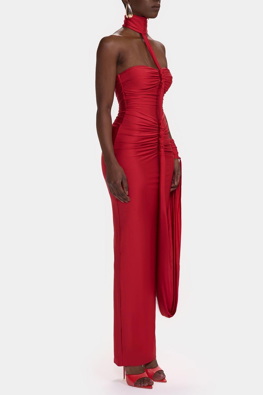 Solid Halter Neck Gathering Maxi Dress