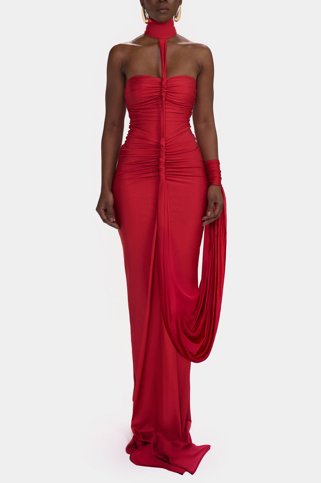 Solid Halter Neck Gathering Maxi Dress
