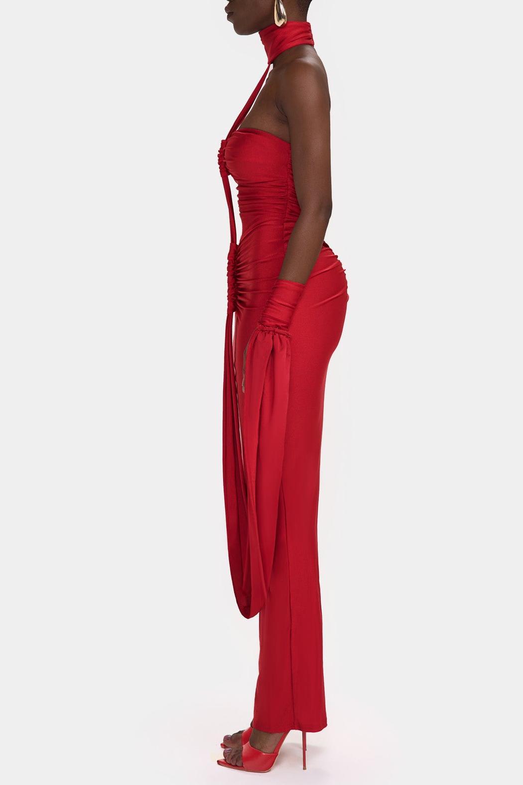 Solid Halter Neck Gathering Maxi Dress
