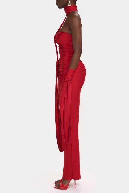 Solid Halter Neck Gathering Maxi Dress