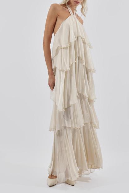 Solid Halter Neck Ruffle Maxi Dress