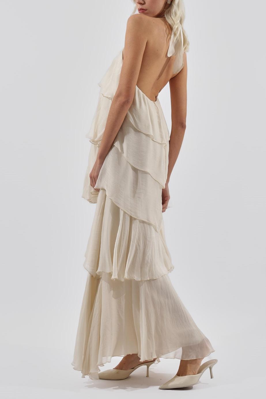 Solid Halter Neck Ruffle Maxi Dress