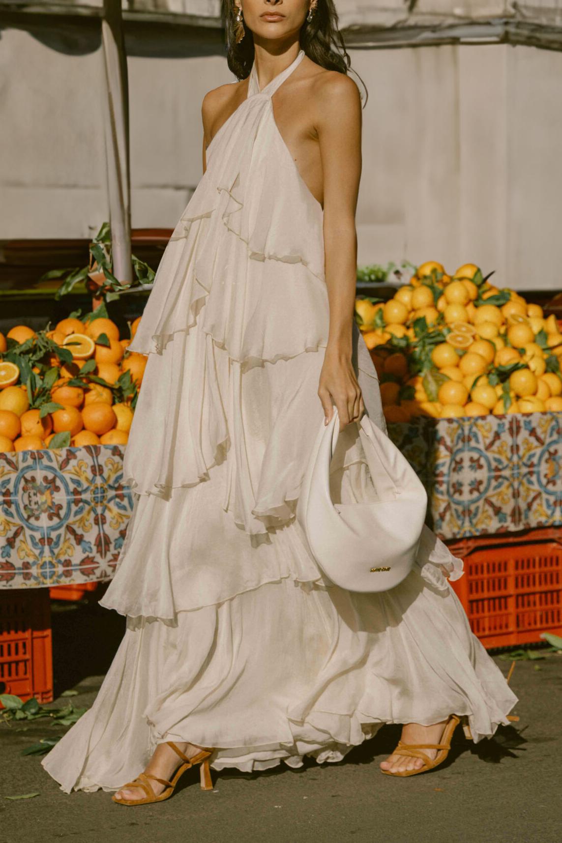 Solid Halter Neck Ruffle Maxi Dress