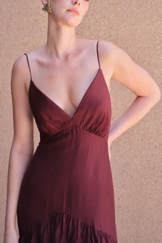 Satin V-Neck Ruffle Maxi Dress