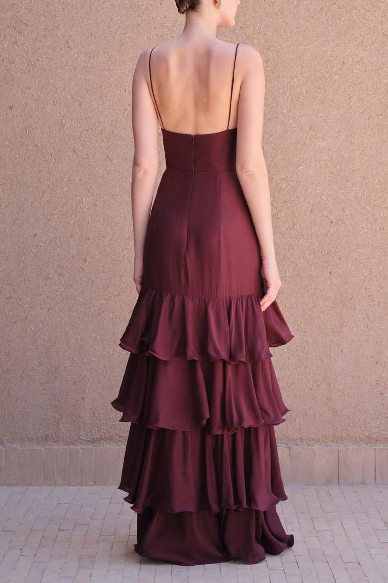 Satin V-Neck Ruffle Maxi Dress