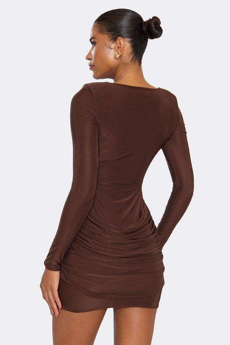 Solid Long Sleeve Gathering Mini Dress