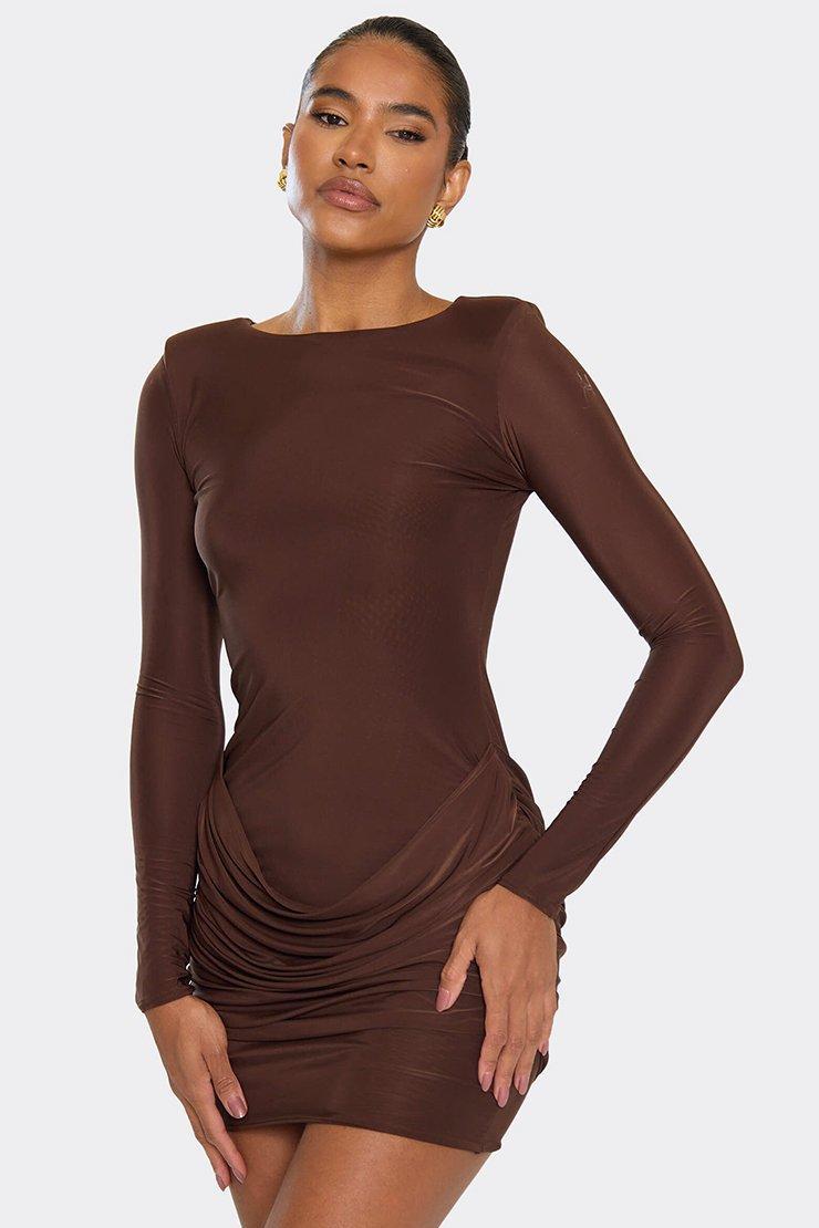 Solid Long Sleeve Gathering Mini Dress